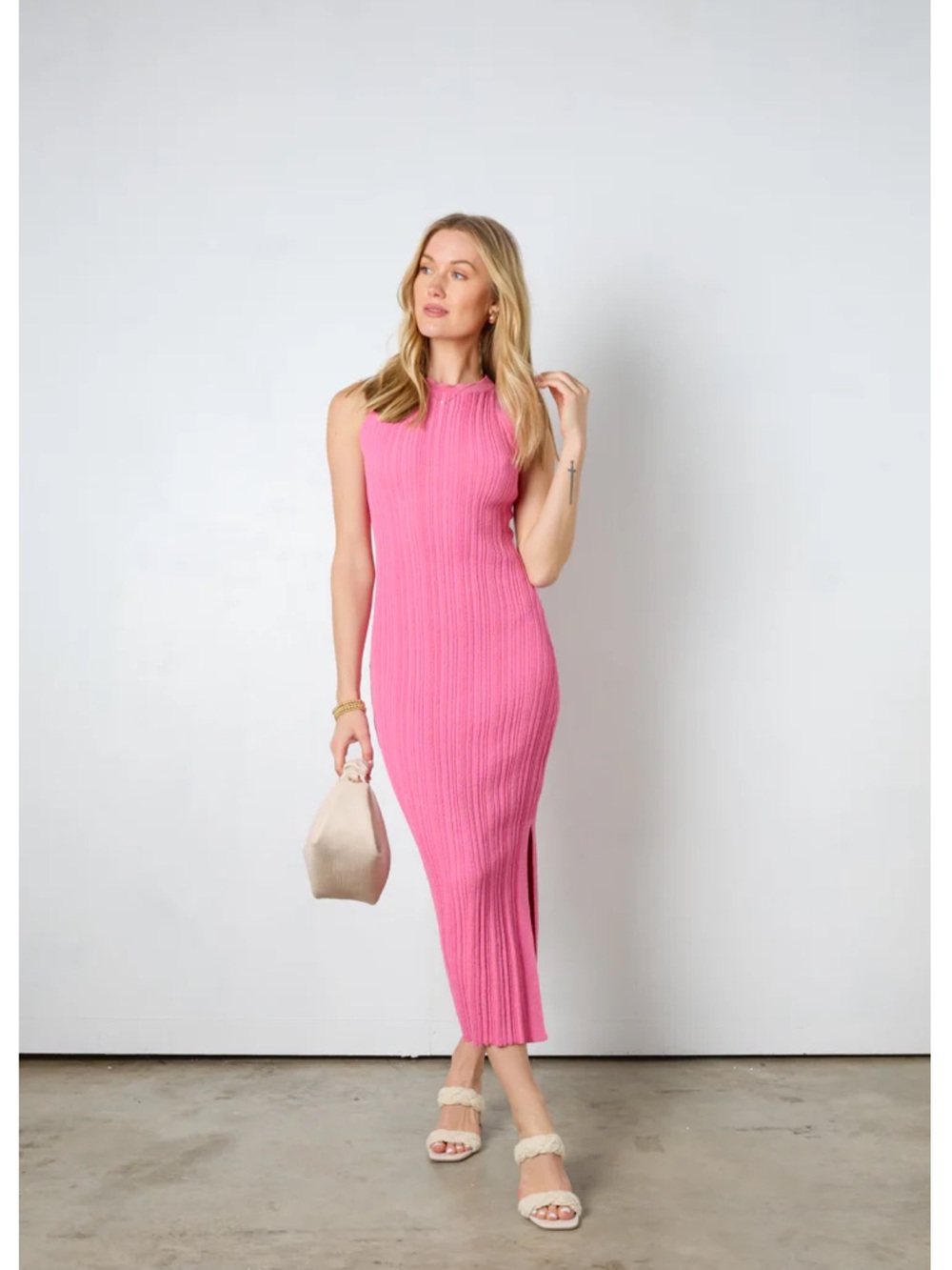 NWT Vestique Boutique Ribbed Knit Pink Midi Dress Size Small